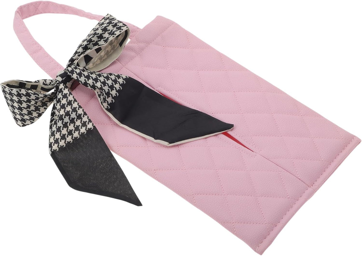 Car Tissue Holder Car Tissue Box Organizer Rhombus Plaid Houndstooth Ribbon Faux Leather 11.02"x7.09"x1.57" Pink 1 Pc