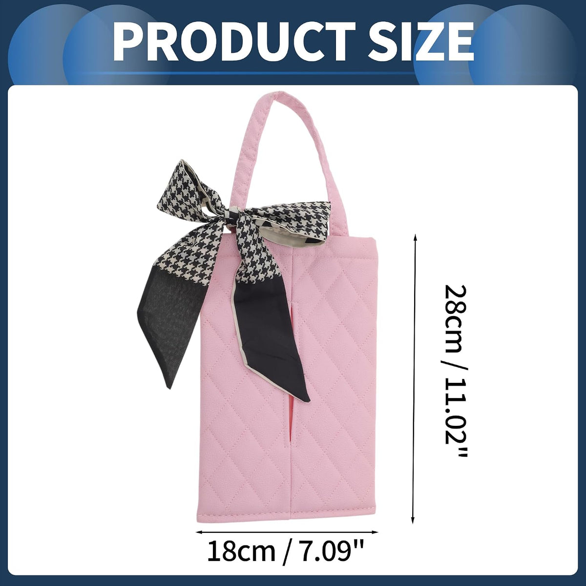 Car Tissue Holder Car Tissue Box Organizer Rhombus Plaid Houndstooth Ribbon Faux Leather 11.02"x7.09"x1.57" Pink 1 Pc