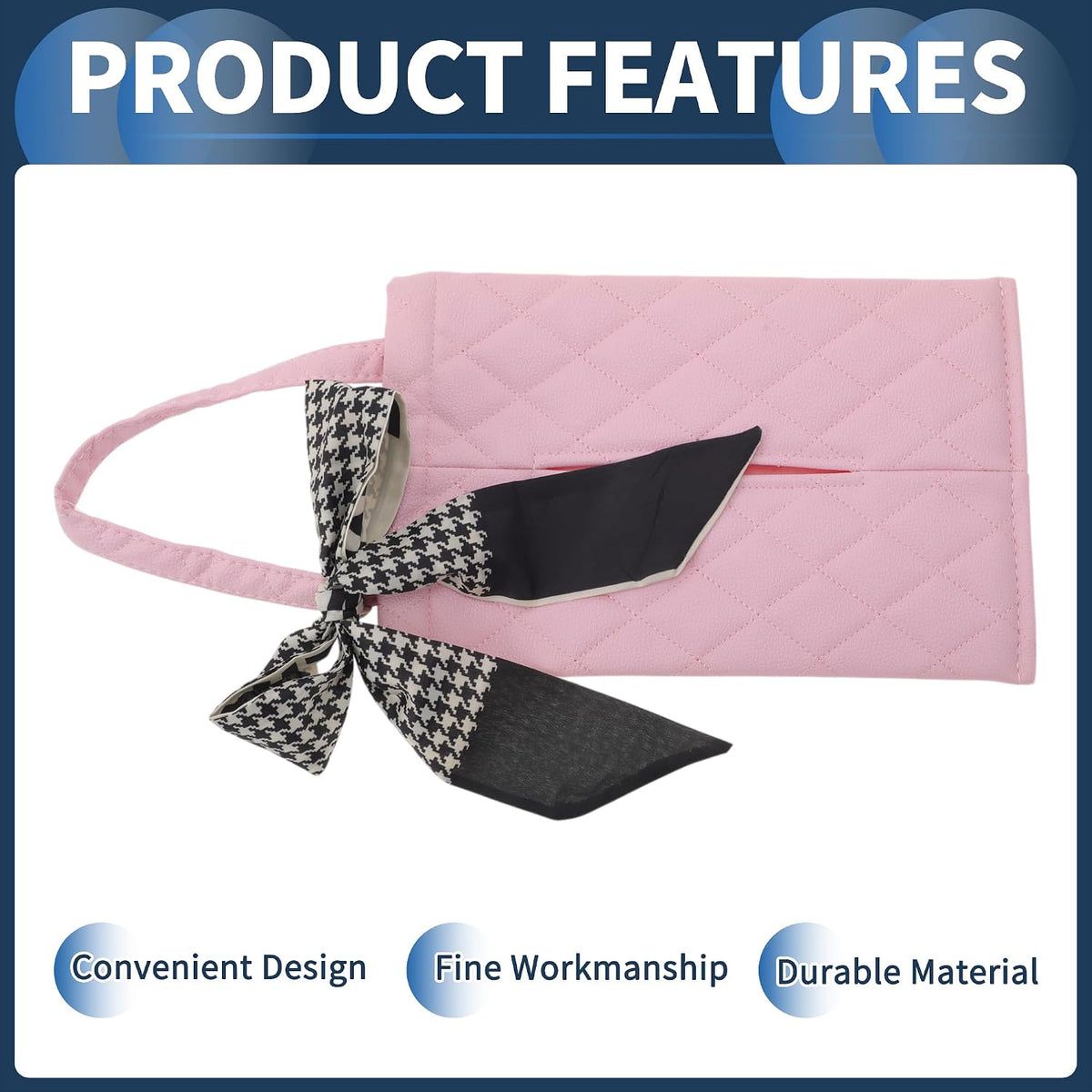 Car Tissue Holder Car Tissue Box Organizer Rhombus Plaid Houndstooth Ribbon Faux Leather 11.02"x7.09"x1.57" Pink 1 Pc