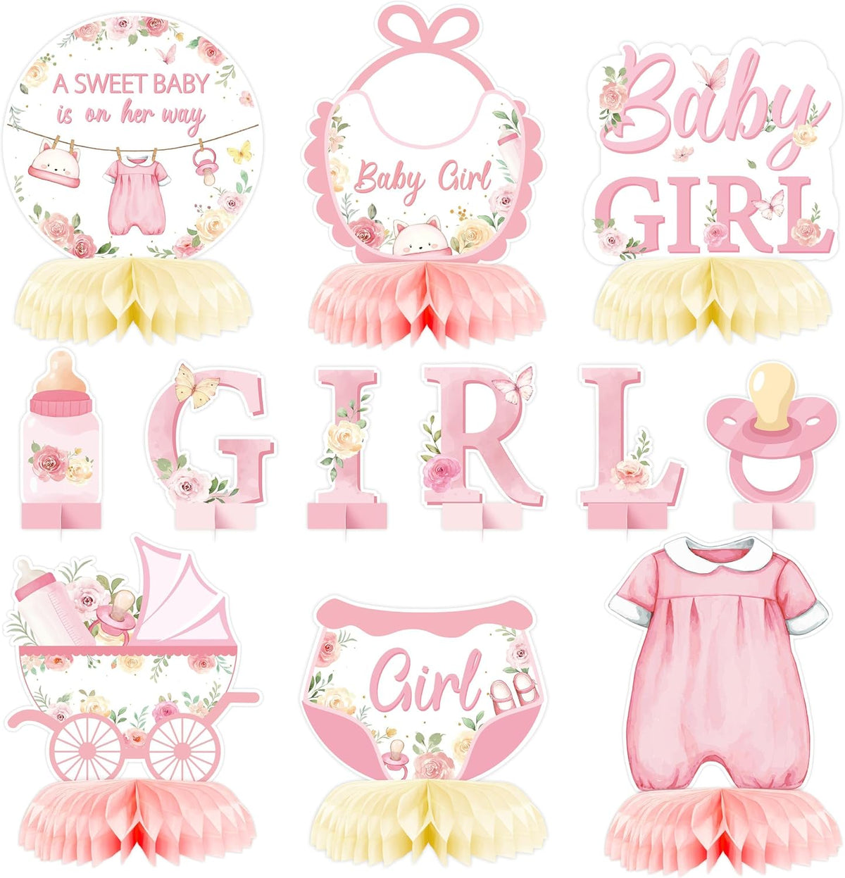 Floral Girl Baby Shower Honeycomb Centerpiece, 12Pcs Party Supplies
