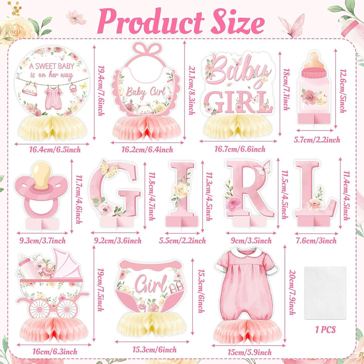 Floral Girl Baby Shower Honeycomb Centerpiece, 12Pcs Party Supplies