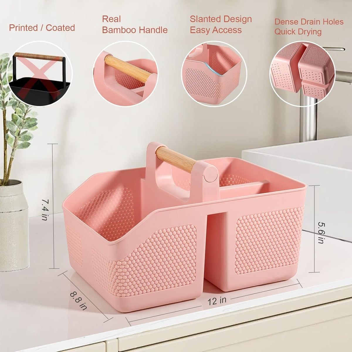 Plastic Shower Caddy Portable Shower Basket with Bamboo Handle, Pink