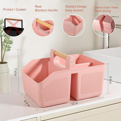 Plastic Shower Caddy Portable Shower Basket with Bamboo Handle, Pink