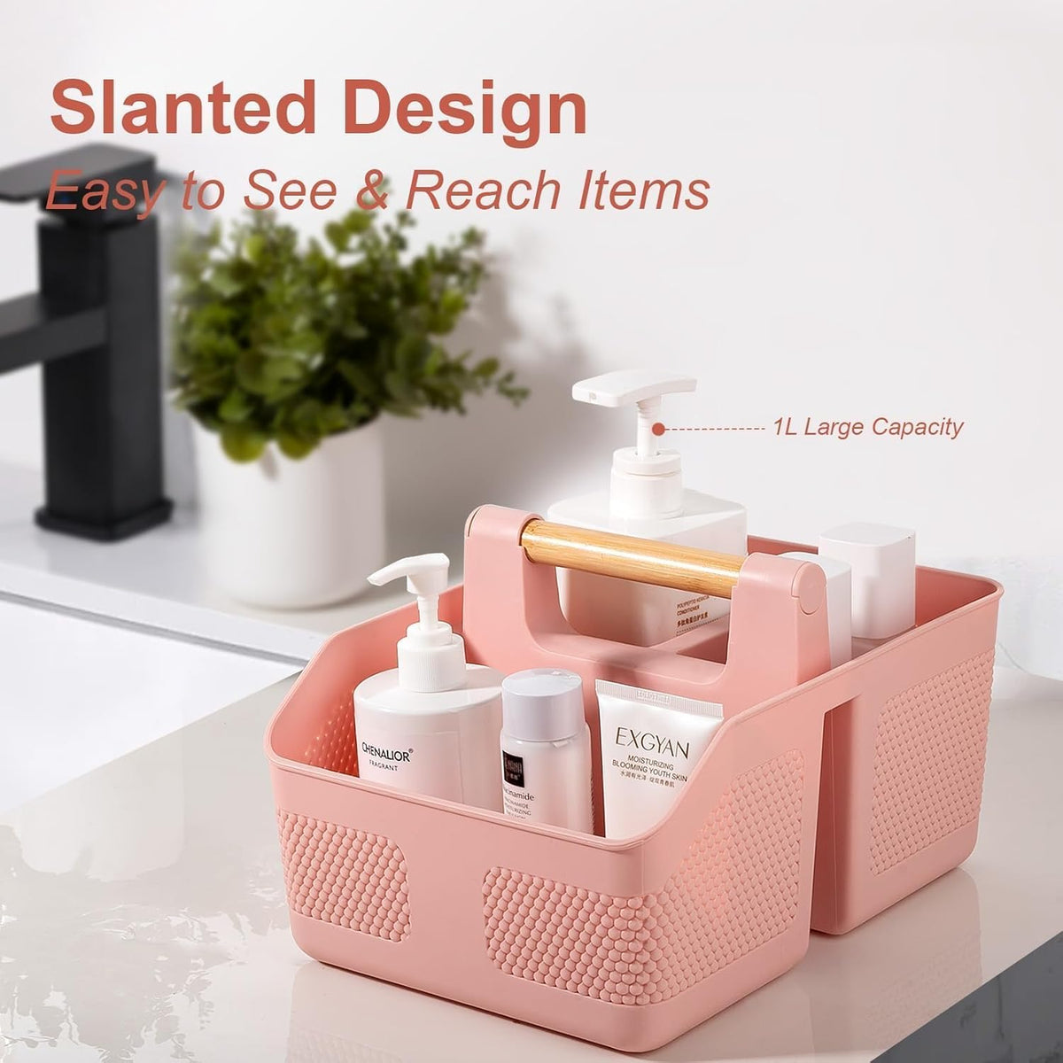 Plastic Shower Caddy Portable Shower Basket with Bamboo Handle, Pink