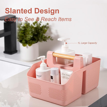 Plastic Shower Caddy Portable Shower Basket with Bamboo Handle, Pink