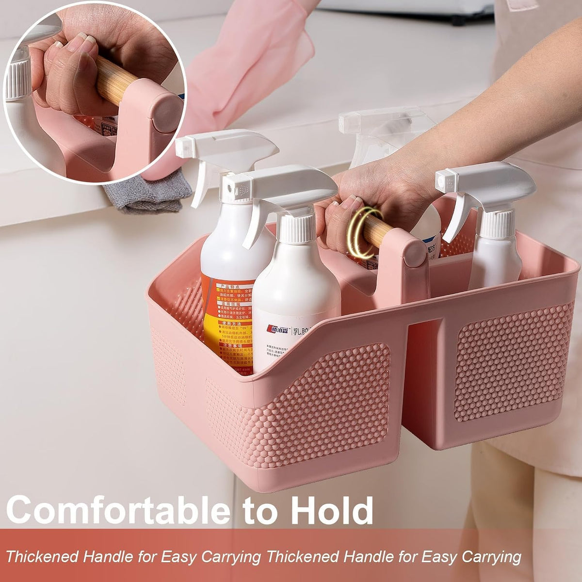 Plastic Shower Caddy Portable Shower Basket with Bamboo Handle, Pink