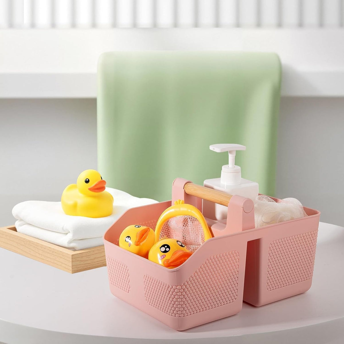 Plastic Shower Caddy Portable Shower Basket with Bamboo Handle, Pink