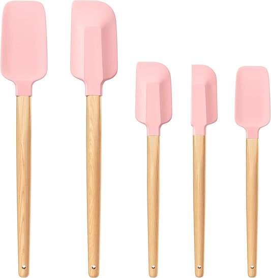 Wooden Handle Silicone Rubber Spatula Set 5 Piece for Kitchen Baking, Jars,Cooking, and Mixing High Heat Resistant Non Stick Dishwasher Safe BPA-Free (Pink)