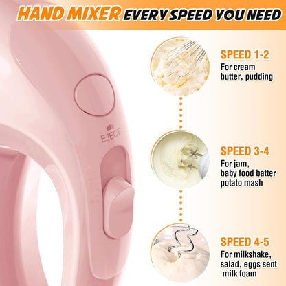 Showvigor Electric Hand Mixer with 5 Stainless Steel Whisks,5 Speed,Pink