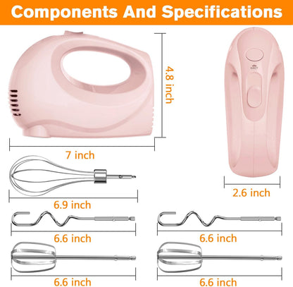 Showvigor Electric Hand Mixer with 5 Stainless Steel Whisks,5 Speed,Pink