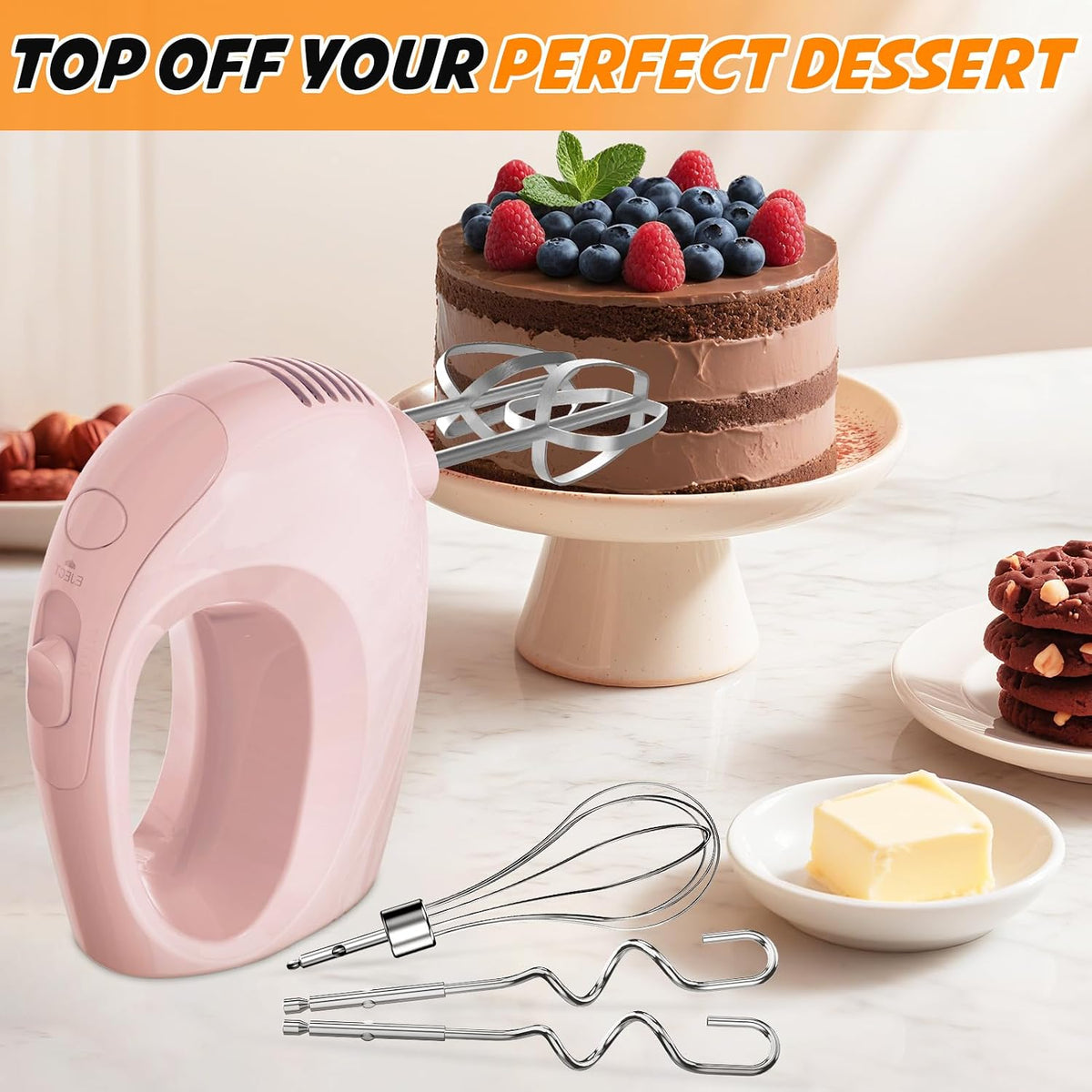 Showvigor Electric Hand Mixer with 5 Stainless Steel Whisks,5 Speed,Pink
