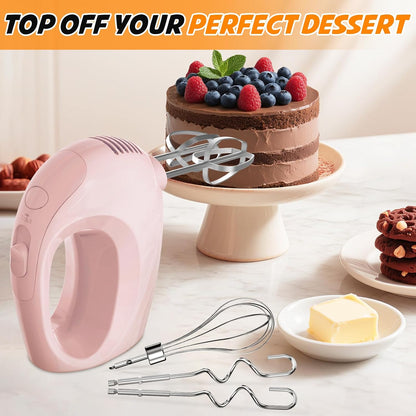 Showvigor Electric Hand Mixer with 5 Stainless Steel Whisks,5 Speed,Pink