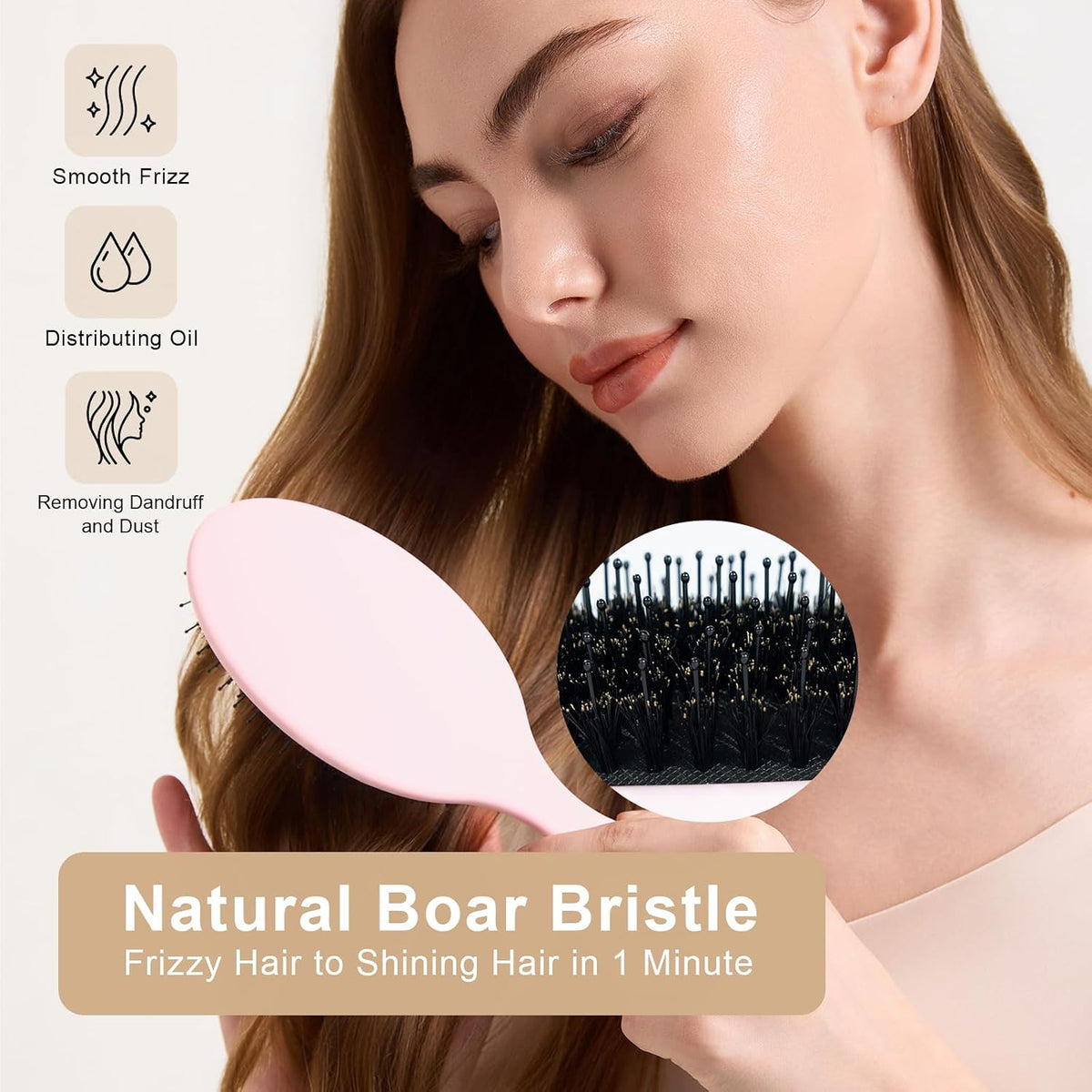 Boar Bristle Hair Brush for Women Men Kid Fine Hair, Pink