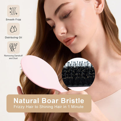 Boar Bristle Hair Brush for Women Men Kid Fine Hair, Pink