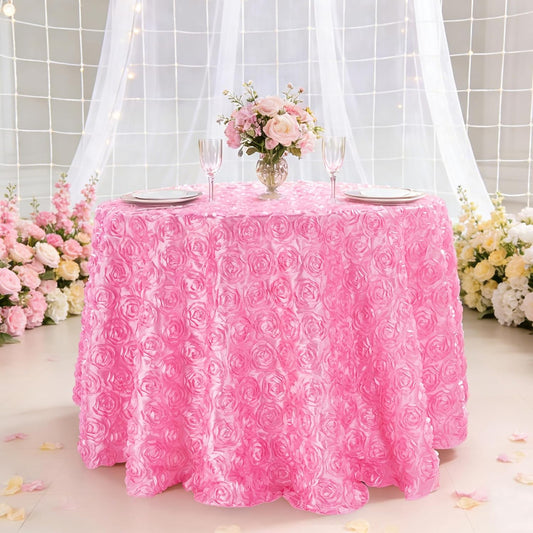 Pink 3D Floral Table Cloth for Parties 90 Inch Round Tablecloth Satin Overlay Rosette Tablecloth for Wedding Birthday Tea Party Baby Shower Picnic Table Decorations