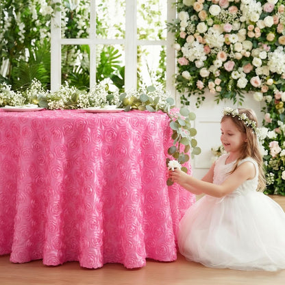 Pink 3D Floral Table Cloth for Parties 90 Inch Round Tablecloth Satin Overlay Rosette Tablecloth for Wedding Birthday Tea Party Baby Shower Picnic Table Decorations