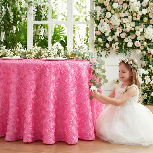 Pink 3D Floral Table Cloth for Parties 90 Inch Round Tablecloth Satin Overlay Rosette Tablecloth for Wedding Birthday Tea Party Baby Shower Picnic Table Decorations