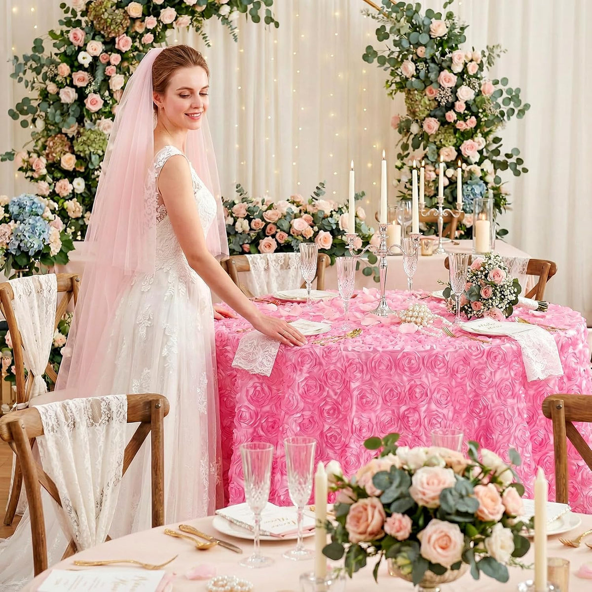 Pink 3D Floral Table Cloth for Parties 90 Inch Round Tablecloth Satin Overlay Rosette Tablecloth for Wedding Birthday Tea Party Baby Shower Picnic Table Decorations