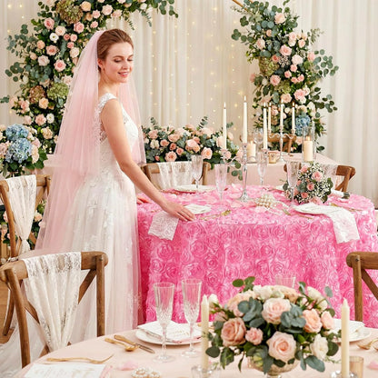 Pink 3D Floral Table Cloth for Parties 90 Inch Round Tablecloth Satin Overlay Rosette Tablecloth for Wedding Birthday Tea Party Baby Shower Picnic Table Decorations