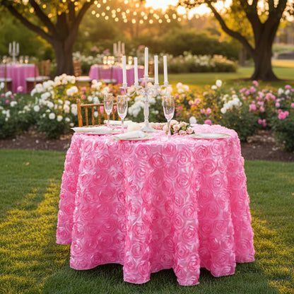Pink 3D Floral Table Cloth for Parties 90 Inch Round Tablecloth Satin Overlay Rosette Tablecloth for Wedding Birthday Tea Party Baby Shower Picnic Table Decorations