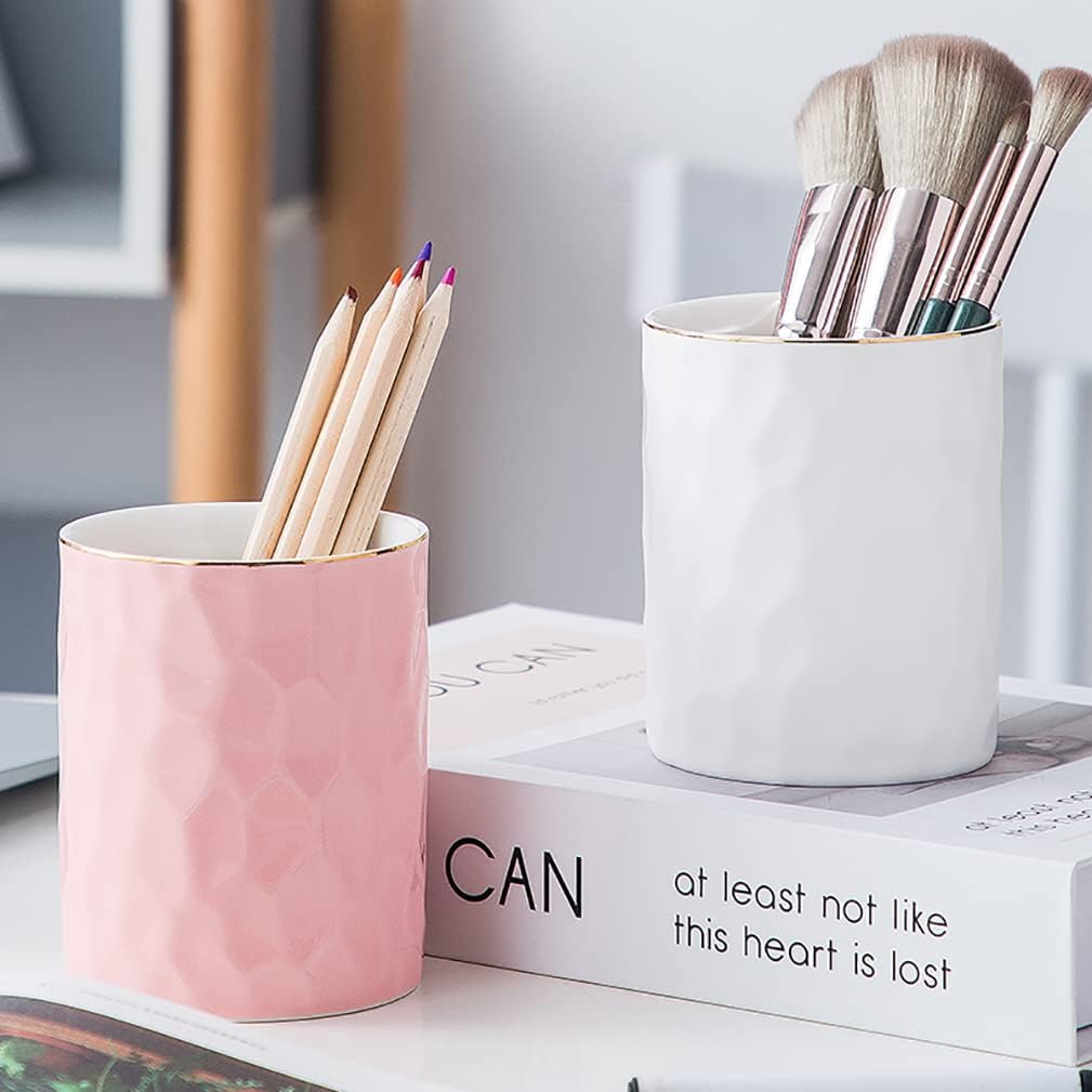 Ceramic Pen Holder Stand Cup Pencil Holder Organizer Makeup Brush Holders for Home Office Desk (Pink)
