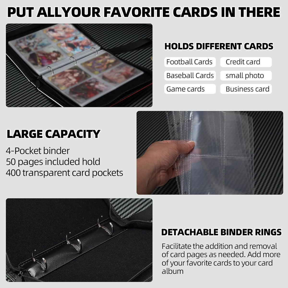 Collectible Trading Card Albums,4 Pocket Card Binder, 400 Double Sided Pocket PU Premium Zip Trading Collection Binderwith 50 Removable Sleeves, Card Folder forTCG, Sports Cards (Pink White)