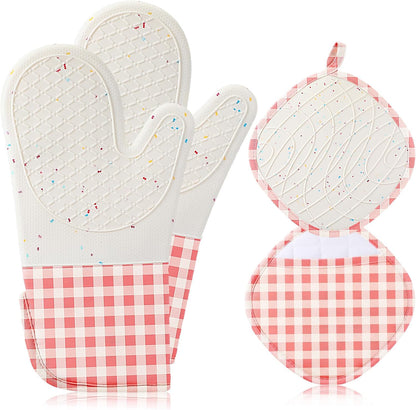 Silicone Mitts Oven Long Cooking Mittens with 2 Cotton Potholders Washable Cute Oven Glove with Soft Cotton Lining Heat Resistant 500°f Potholders for Gift(Pink,Checkered)