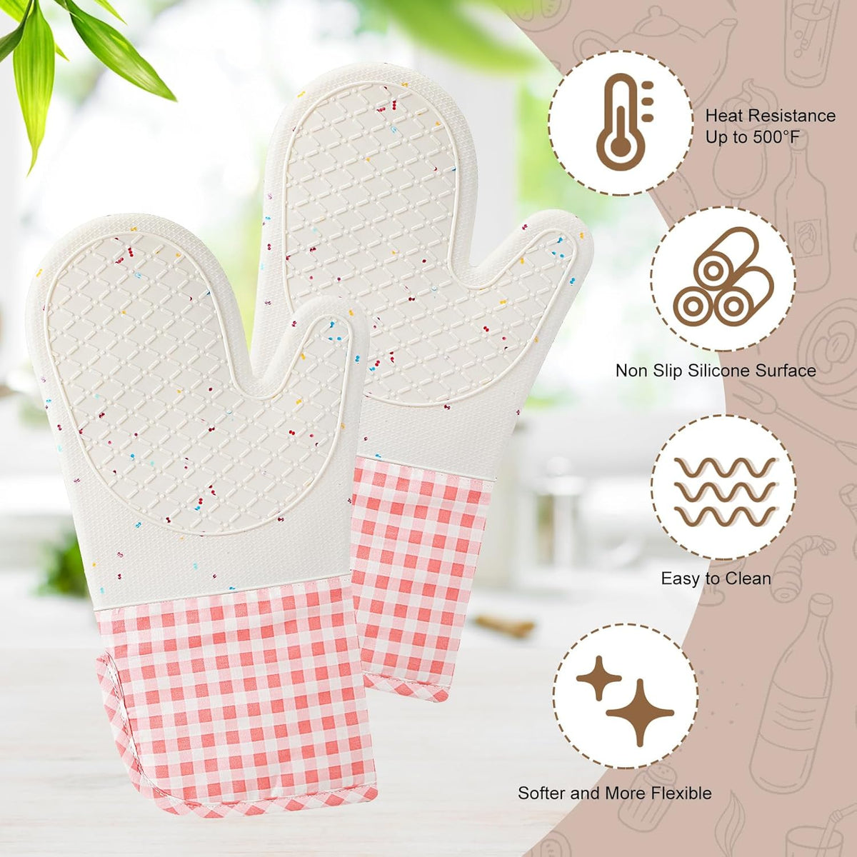 Silicone Mitts Oven Long Cooking Mittens with 2 Cotton Potholders Washable Cute Oven Glove with Soft Cotton Lining Heat Resistant 500°f Potholders for Gift(Pink,Checkered)