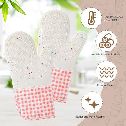 Silicone Mitts Oven Long Cooking Mittens with 2 Cotton Potholders Washable Cute Oven Glove with Soft Cotton Lining Heat Resistant 500°f Potholders for Gift(Pink,Checkered)