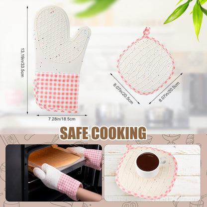Silicone Mitts Oven Long Cooking Mittens with 2 Cotton Potholders Washable Cute Oven Glove with Soft Cotton Lining Heat Resistant 500°f Potholders for Gift(Pink,Checkered)