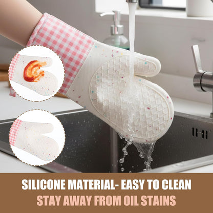 Silicone Mitts Oven Long Cooking Mittens with 2 Cotton Potholders Washable Cute Oven Glove with Soft Cotton Lining Heat Resistant 500°f Potholders for Gift(Pink,Checkered)