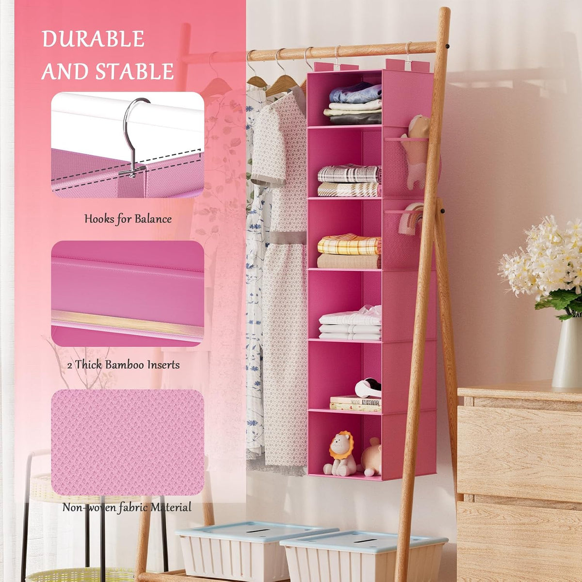 Hanging Closet Organizer and Storage with Bamboo Support, 6-Shelf Closet Hanging Storage Shelves, Closet Organizers Easy Mount Foldable for Bedroom (Pink)