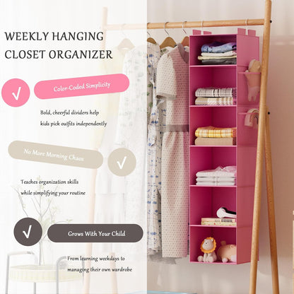 Hanging Closet Organizer and Storage with Bamboo Support, 6-Shelf Closet Hanging Storage Shelves, Closet Organizers Easy Mount Foldable for Bedroom (Pink)