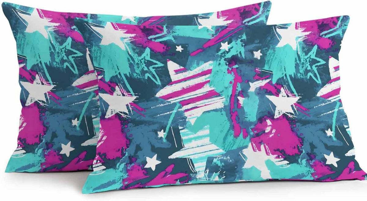 Abstract White Star Outdoor Waterproof Pillow Covers Pack of 2, Pink Green Ink Splatter Graffiti Modern Throw Pillowcases Decorative Cushion Covers for Garden Patio Tent Sofa Couch, 20x12 inch