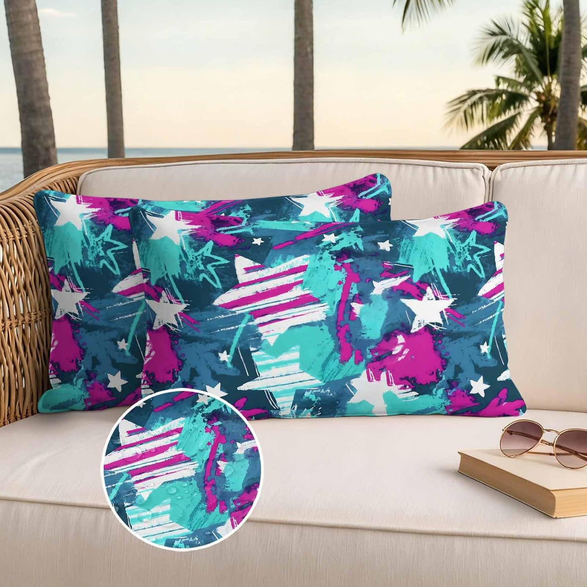 Abstract White Star Outdoor Waterproof Pillow Covers Pack of 2, Pink Green Ink Splatter Graffiti Modern Throw Pillowcases Decorative Cushion Covers for Garden Patio Tent Sofa Couch, 20x12 inch