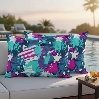 Abstract White Star Outdoor Waterproof Pillow Covers Pack of 2, Pink Green Ink Splatter Graffiti Modern Throw Pillowcases Decorative Cushion Covers for Garden Patio Tent Sofa Couch, 20x12 inch