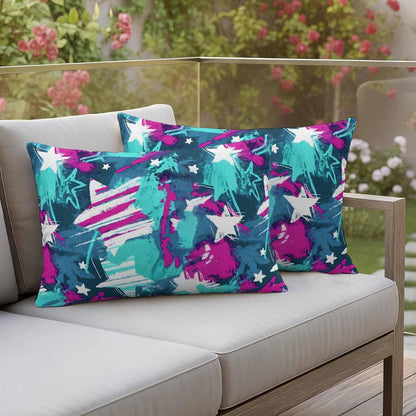 Abstract White Star Outdoor Waterproof Pillow Covers Pack of 2, Pink Green Ink Splatter Graffiti Modern Throw Pillowcases Decorative Cushion Covers for Garden Patio Tent Sofa Couch, 20x12 inch