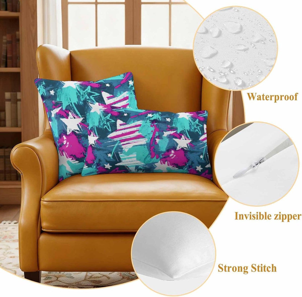 Abstract White Star Outdoor Waterproof Pillow Covers Pack of 2, Pink Green Ink Splatter Graffiti Modern Throw Pillowcases Decorative Cushion Covers for Garden Patio Tent Sofa Couch, 20x12 inch