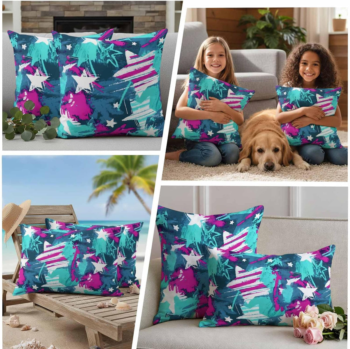 Abstract White Star Outdoor Waterproof Pillow Covers Pack of 2, Pink Green Ink Splatter Graffiti Modern Throw Pillowcases Decorative Cushion Covers for Garden Patio Tent Sofa Couch, 20x12 inch