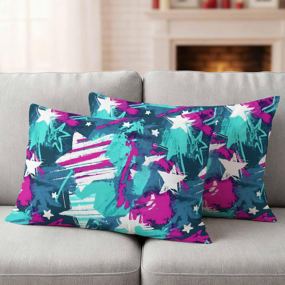 Abstract White Star Outdoor Waterproof Pillow Covers Pack of 2, Pink Green Ink Splatter Graffiti Modern Throw Pillowcases Decorative Cushion Covers for Garden Patio Tent Sofa Couch, 20x12 inch