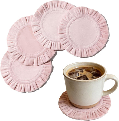 5 Inch Round Ruffle Velvet Coaster, Tabletop Protection, Coffee Table & Bar Decoration, Drink Coasters Suitable for Home Dining Tables & Kitchen Accessories Set of 4, Pink