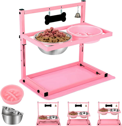Pink Elevated Dog Bowl Stand with Two 1700ml Stainless Steel Food Bowls, Slow Feeder and Spill Proof Mat, Adjustable Feeder for Large, Medium and Small Dogs