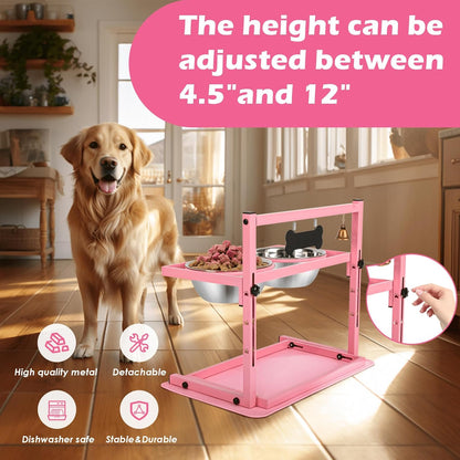 Pink Elevated Dog Bowl Stand with Two 1700ml Stainless Steel Food Bowls, Slow Feeder and Spill Proof Mat, Adjustable Feeder for Large, Medium and Small Dogs