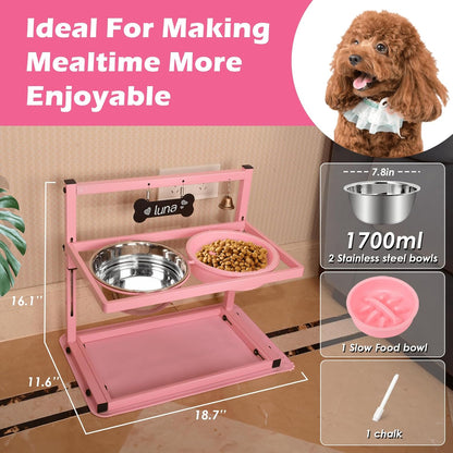 Pink Elevated Dog Bowl Stand with Two 1700ml Stainless Steel Food Bowls, Slow Feeder and Spill Proof Mat, Adjustable Feeder for Large, Medium and Small Dogs