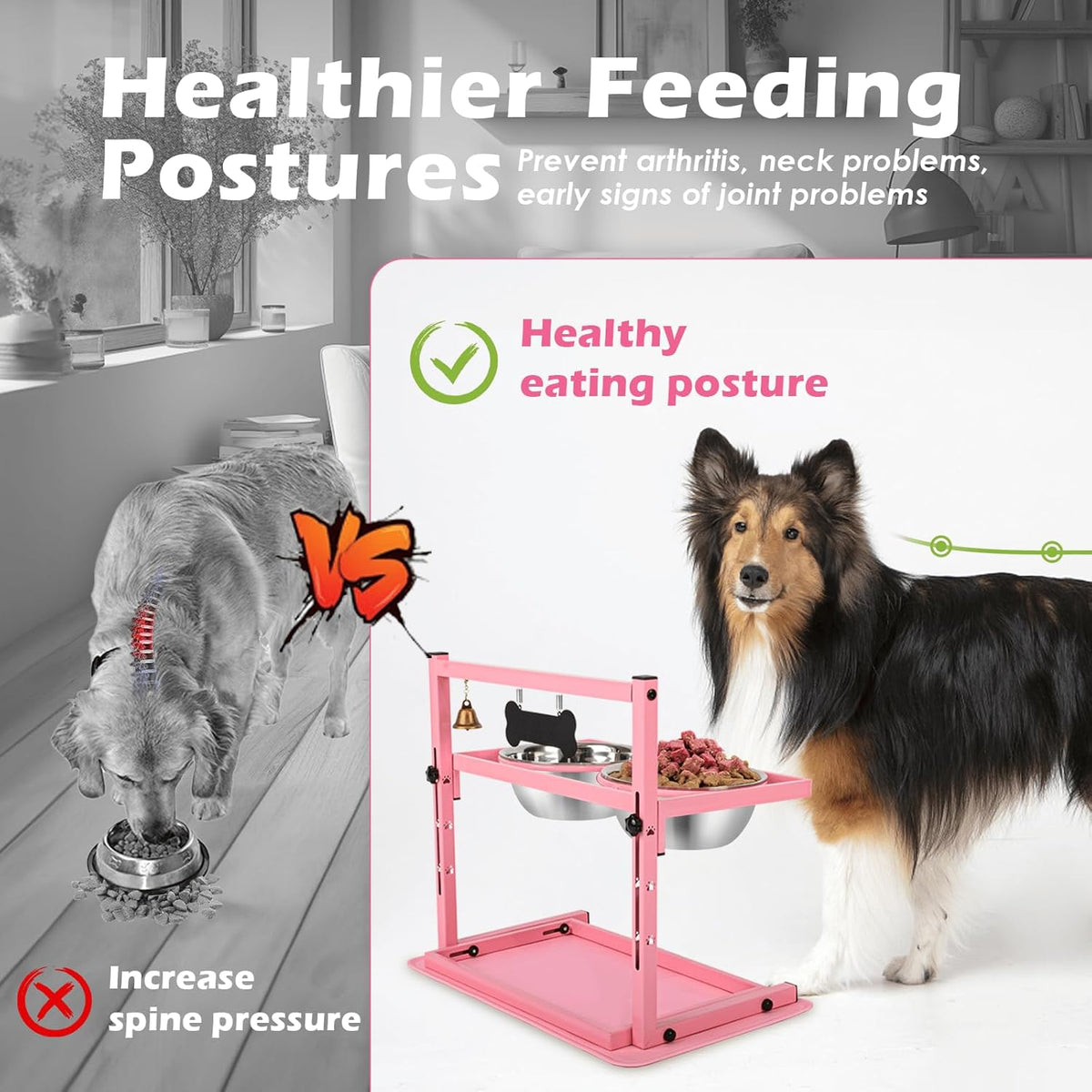 Pink Elevated Dog Bowl Stand with Two 1700ml Stainless Steel Food Bowls, Slow Feeder and Spill Proof Mat, Adjustable Feeder for Large, Medium and Small Dogs