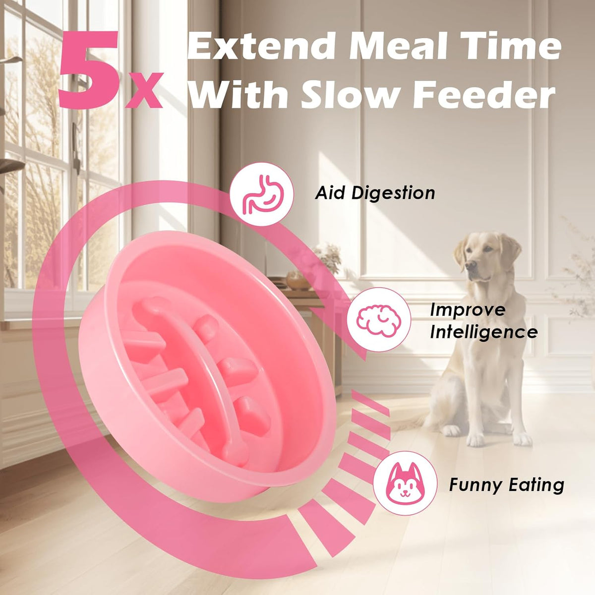 Pink Elevated Dog Bowl Stand with Two 1700ml Stainless Steel Food Bowls, Slow Feeder and Spill Proof Mat, Adjustable Feeder for Large, Medium and Small Dogs