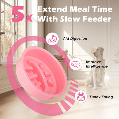 Pink Elevated Dog Bowl Stand with Two 1700ml Stainless Steel Food Bowls, Slow Feeder and Spill Proof Mat, Adjustable Feeder for Large, Medium and Small Dogs