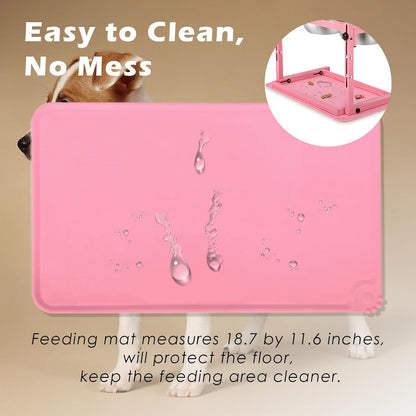 Pink Elevated Dog Bowl Stand with Two 1700ml Stainless Steel Food Bowls, Slow Feeder and Spill Proof Mat, Adjustable Feeder for Large, Medium and Small Dogs