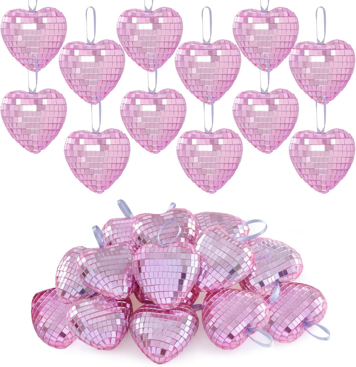 12pcs Heart Disco Valentine Ornaments Heart Shaped Disco Ball Pink Mirror Balls Hanging Ornaments for Valentines Decorations Tree Party (12, Pink, 2.4in)