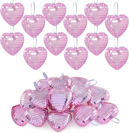 12pcs Heart Disco Valentine Ornaments Heart Shaped Disco Ball Pink Mirror Balls Hanging Ornaments for Valentines Decorations Tree Party (12, Pink, 2.4in)